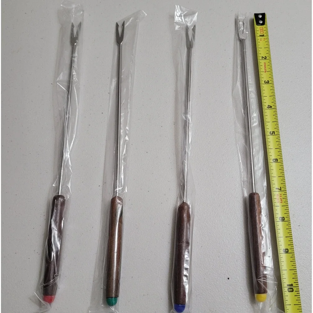 Vintage Style Fondue Fork Set 4pc Wood Handle Color Coded Tips Stainless Steel